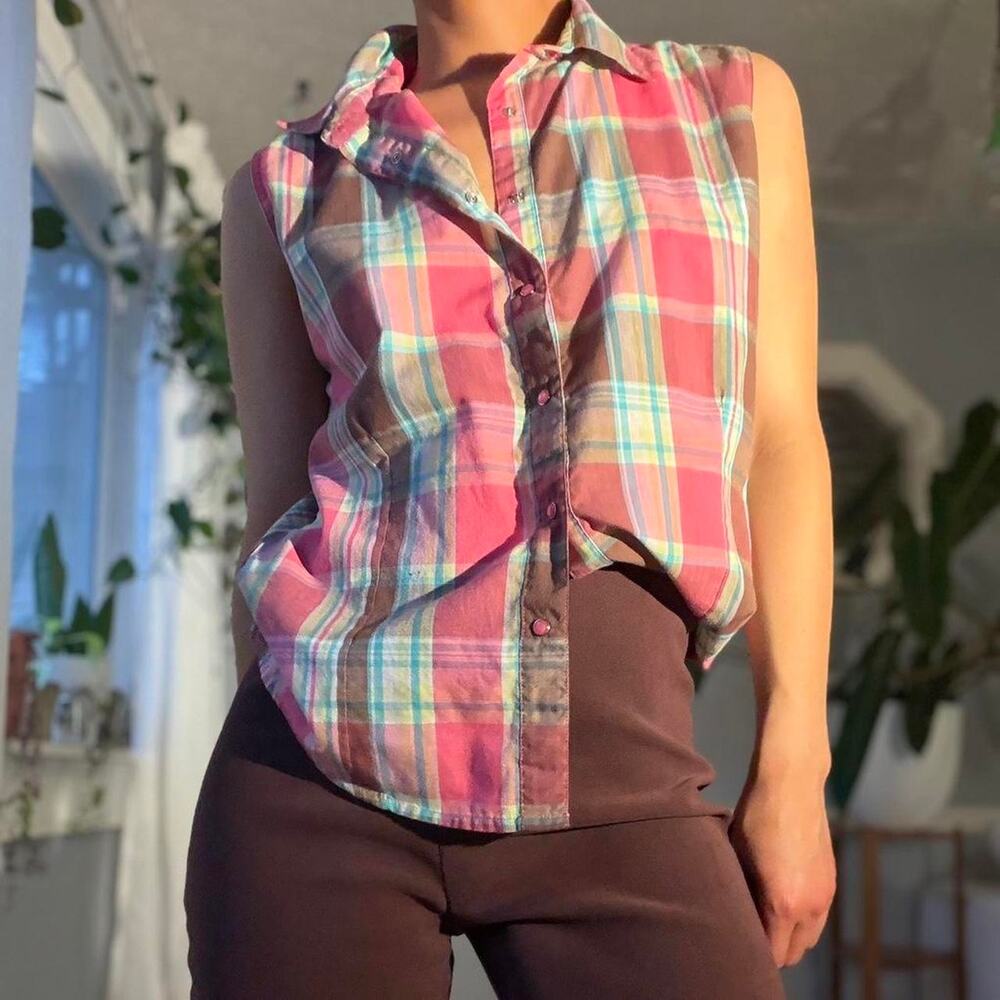 Wrangler Pink Plaid Sleeveless Button-Up Top